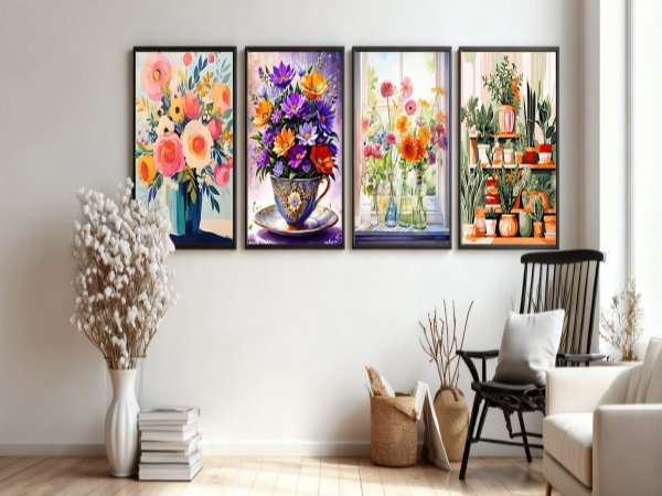 Four framed floral art prints displayed on a wall above a chair and sofa.