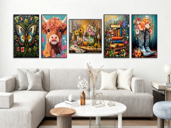 Five framed art prints displayed on a wall above a sectional sofa, featuring a butterfly, highland cow, mason jars with flowers, stacked books, and cowboy boots.