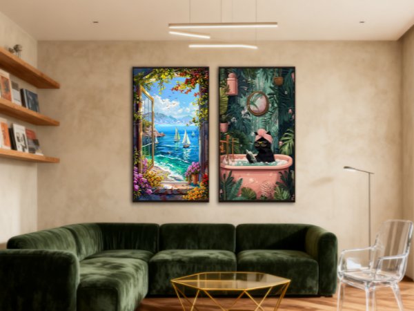 Two framed art prints hanging on a wall above a green sectional sofa in a living room setting.