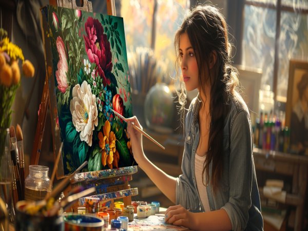 Woman painting a floral scene on canvas in an art studio, with art supplies visible