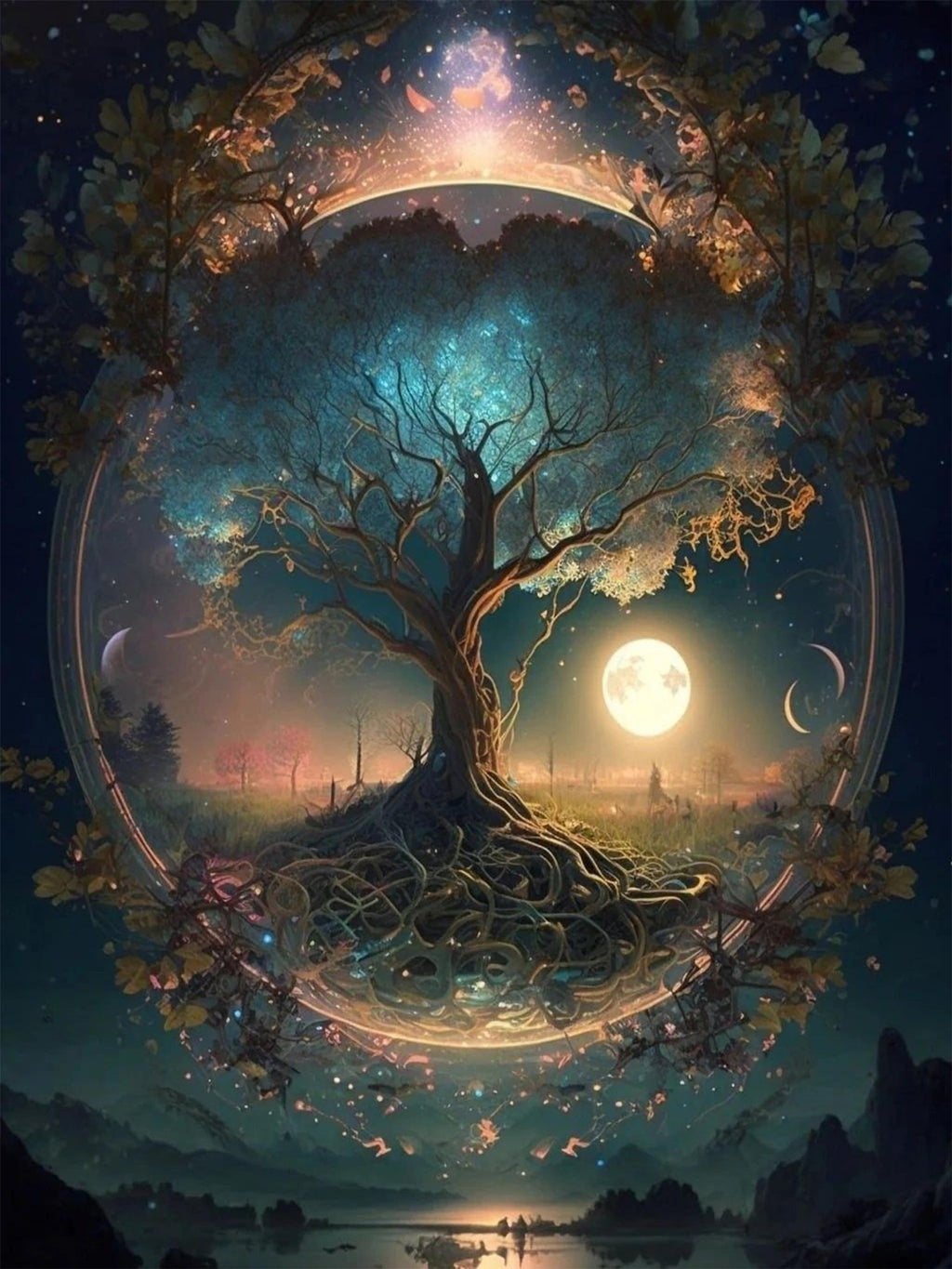 Whimsical tree of life painting with a full moon and crescent moon in a starry night sky.