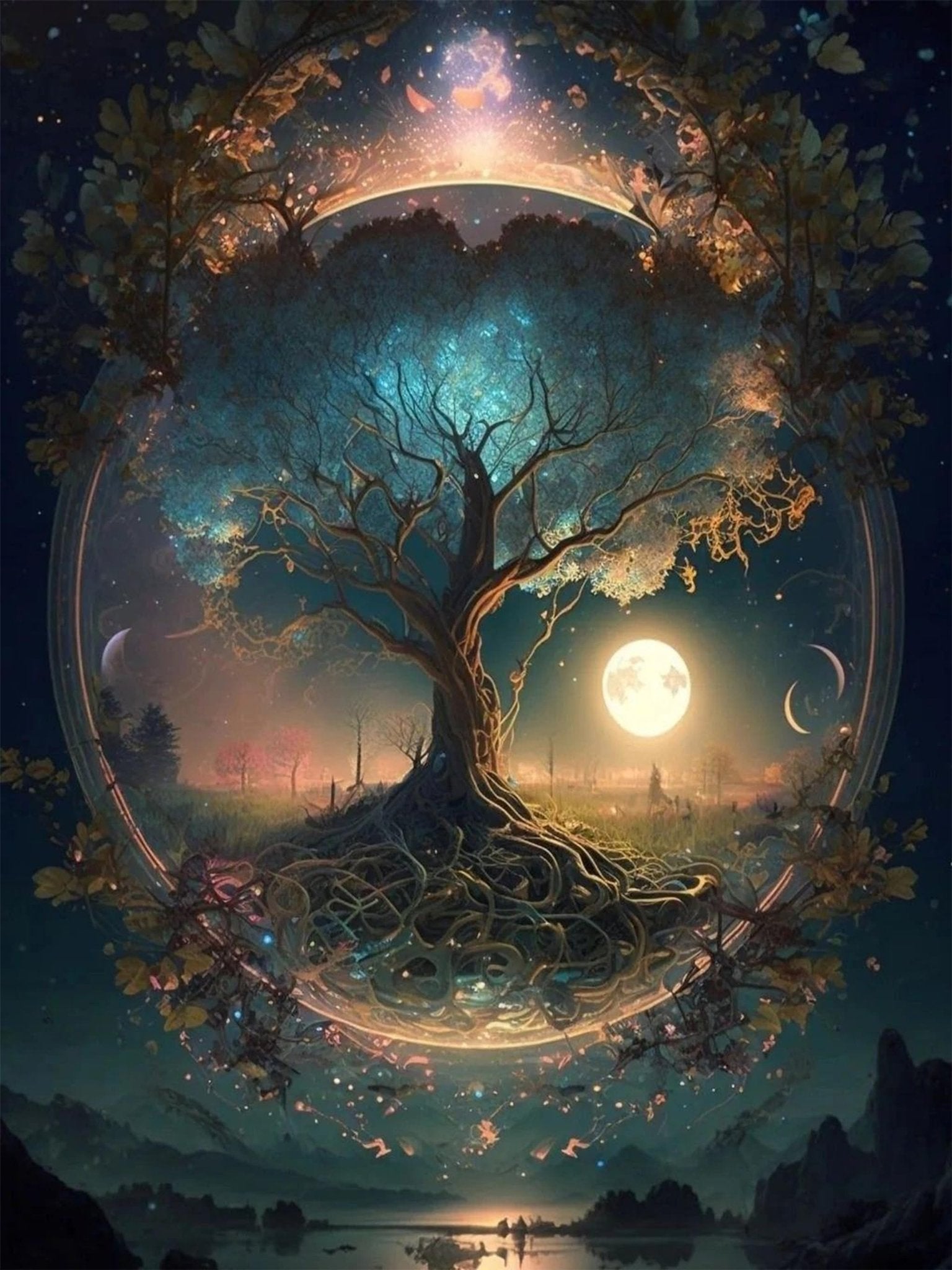 Whimsical tree of life painting with a full moon and crescent moon in a starry night sky.