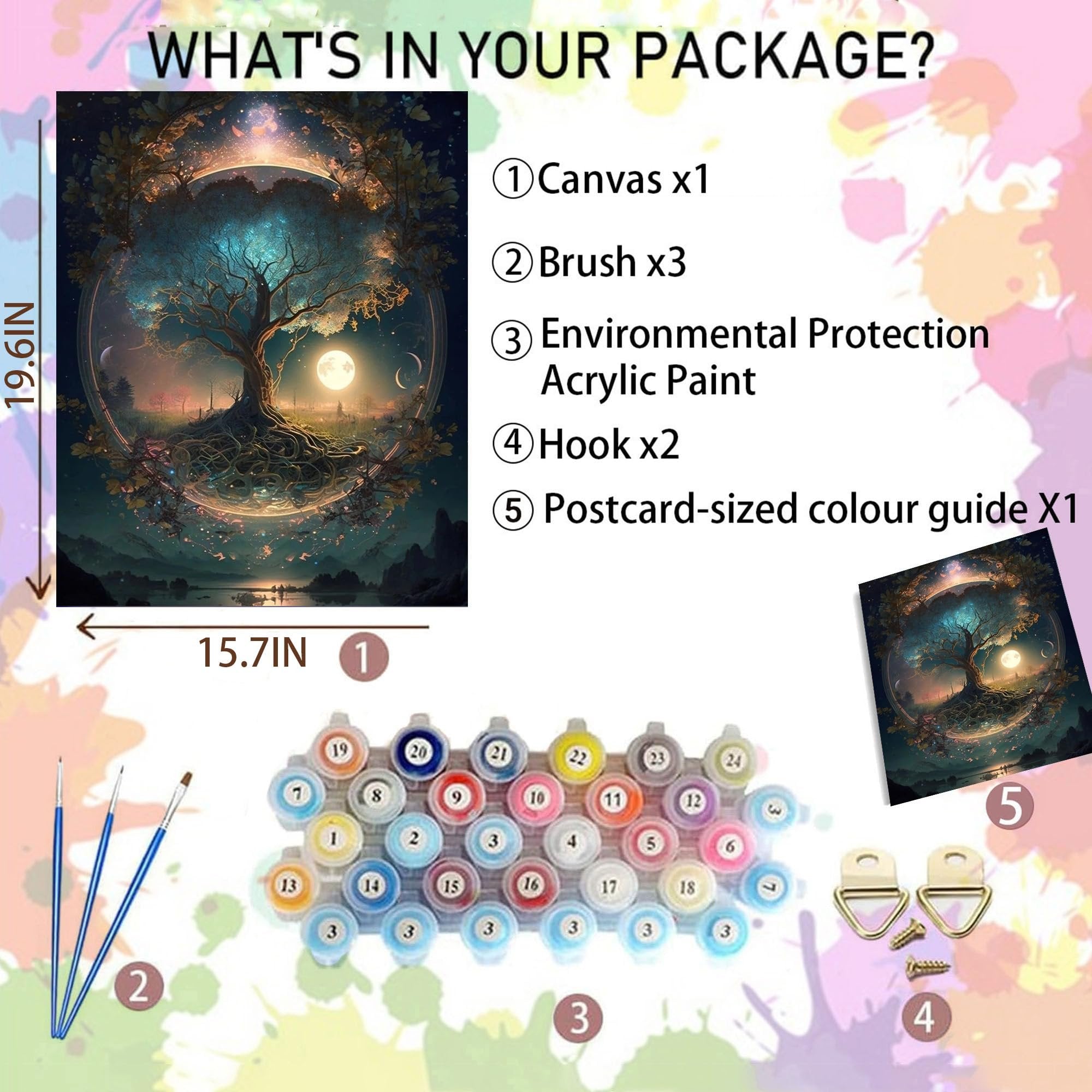 Paint by numbers kit contents: canvas, brushes, acrylic paints, hooks, and color guide. Dimensions 15.7x19.6 inches.