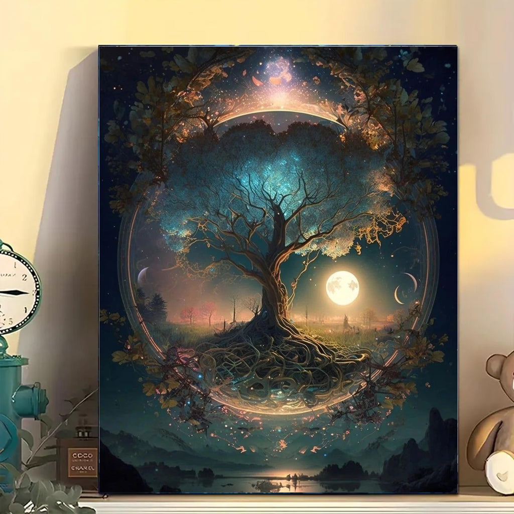 Tree of Life painting with a full moon and starry sky, framed by branches and roots.