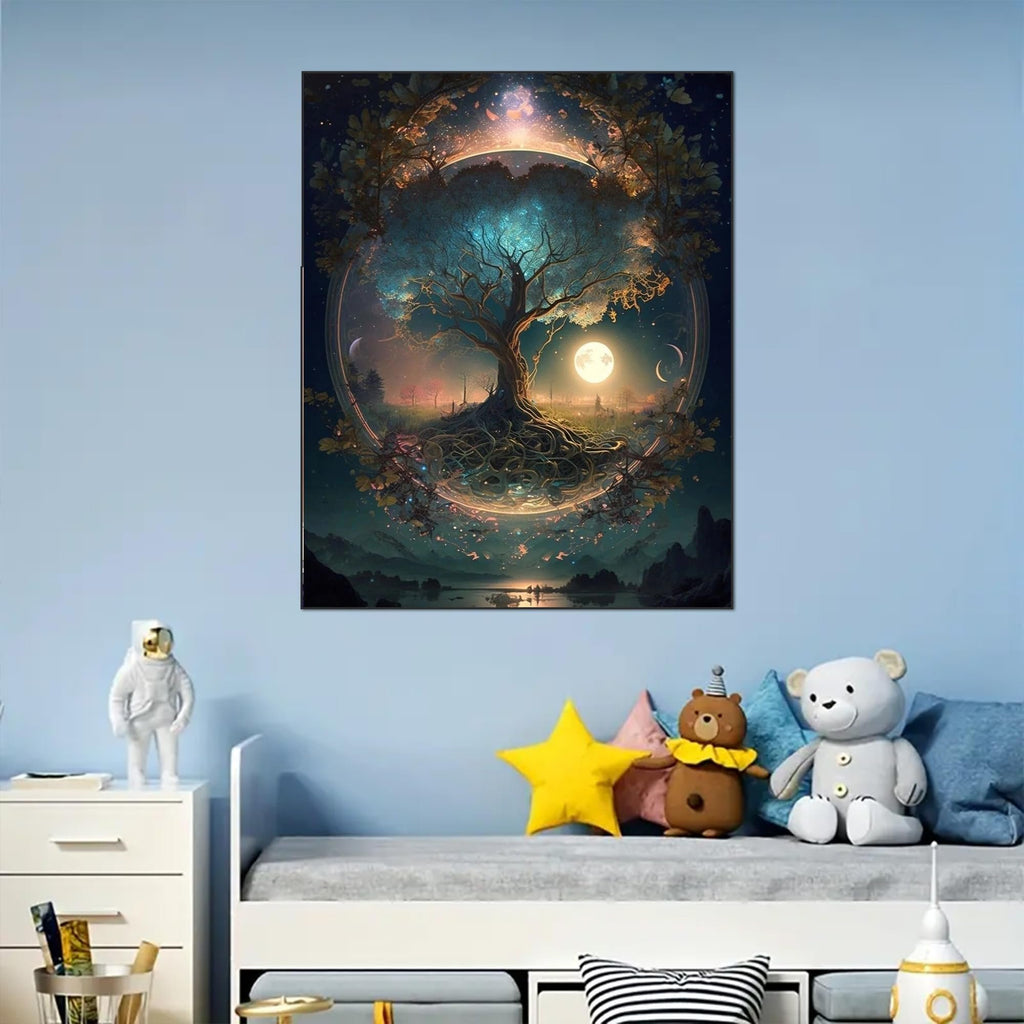 Fantasy tree of life painting with moon and stars, displayed in a child's room