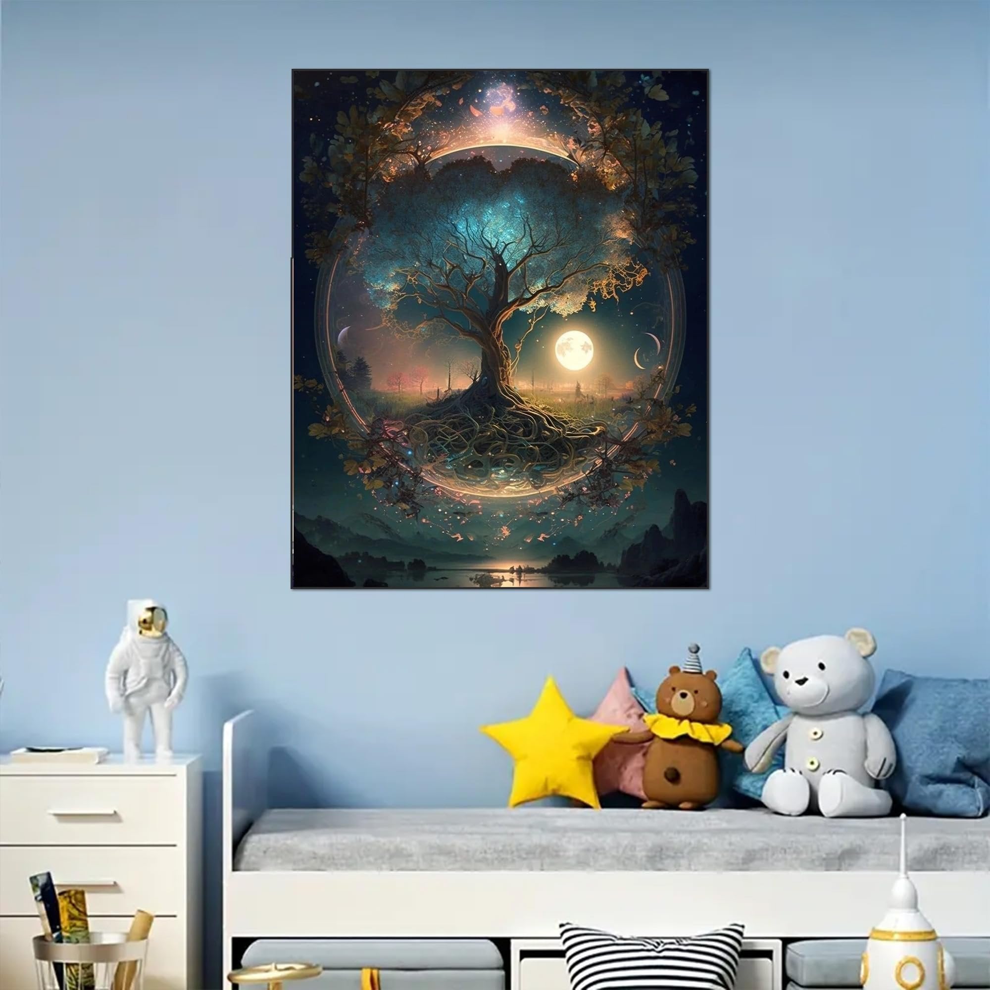 Fantasy tree of life painting with moon and stars, displayed in a child's room