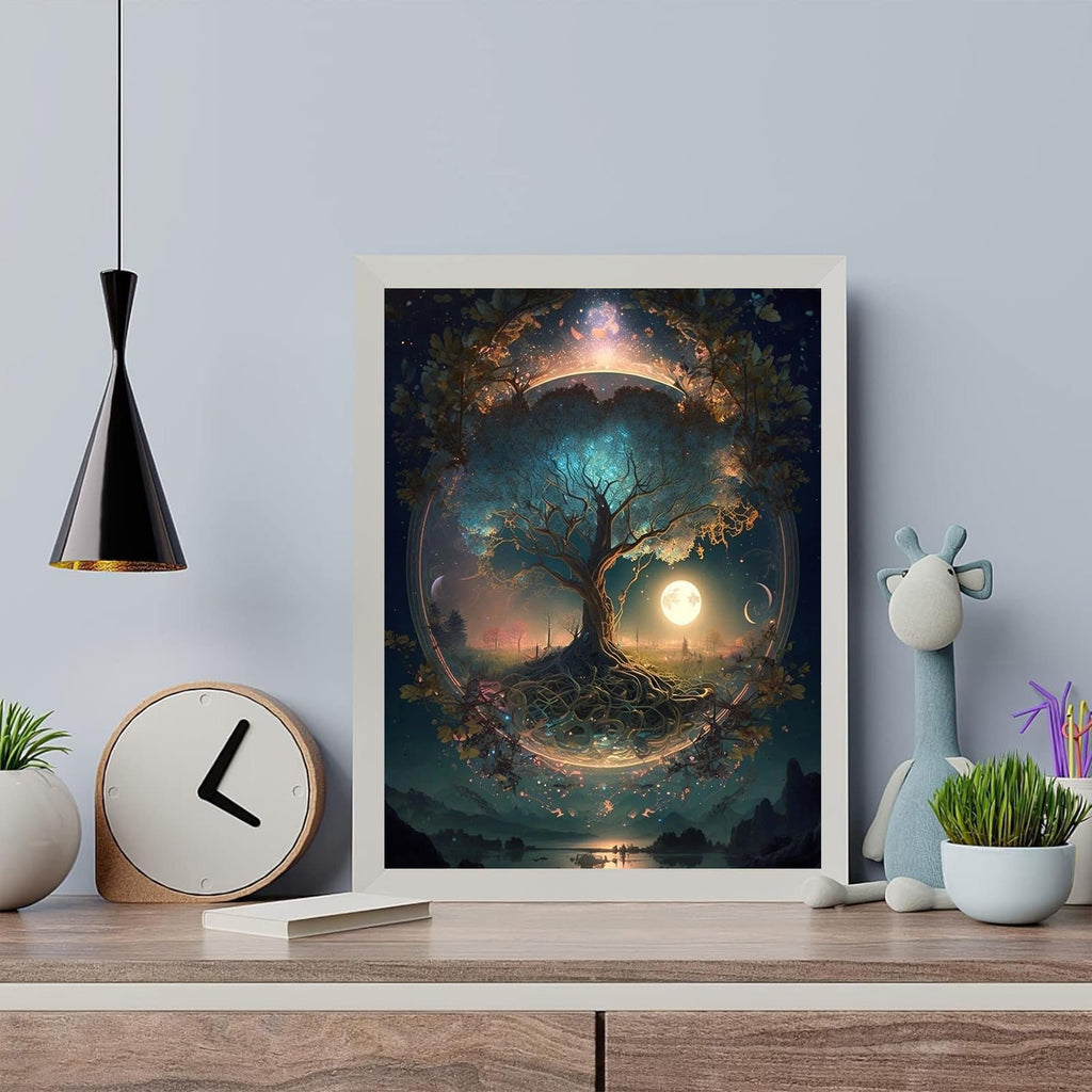Framed Tree of Life painting with a full moon and starry sky, displayed on a shelf with decor.