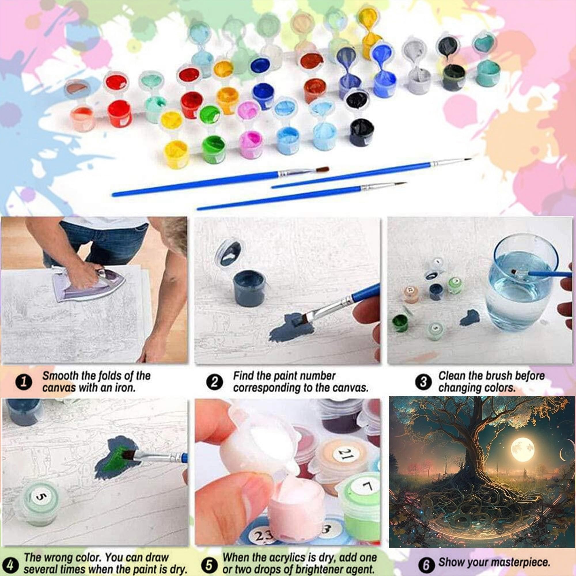 Paint by numbers kit contents and instructions, showing paints, brushes, canvas, and steps.