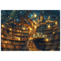 Paint by numbers canvas depicting a magical tree library with glowing lanterns and bookshelves