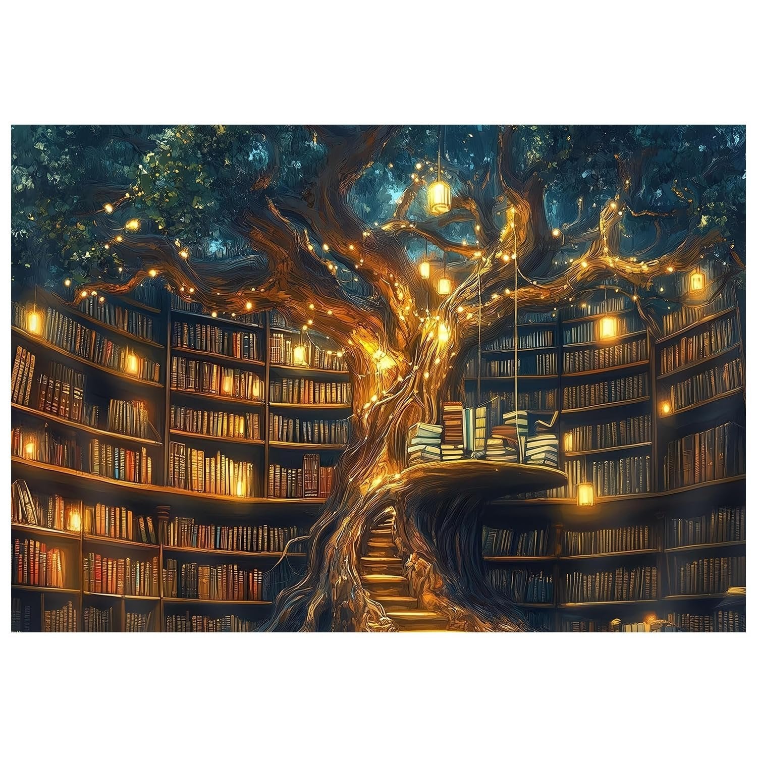 Paint by numbers canvas depicting a magical tree library with glowing lanterns and bookshelves