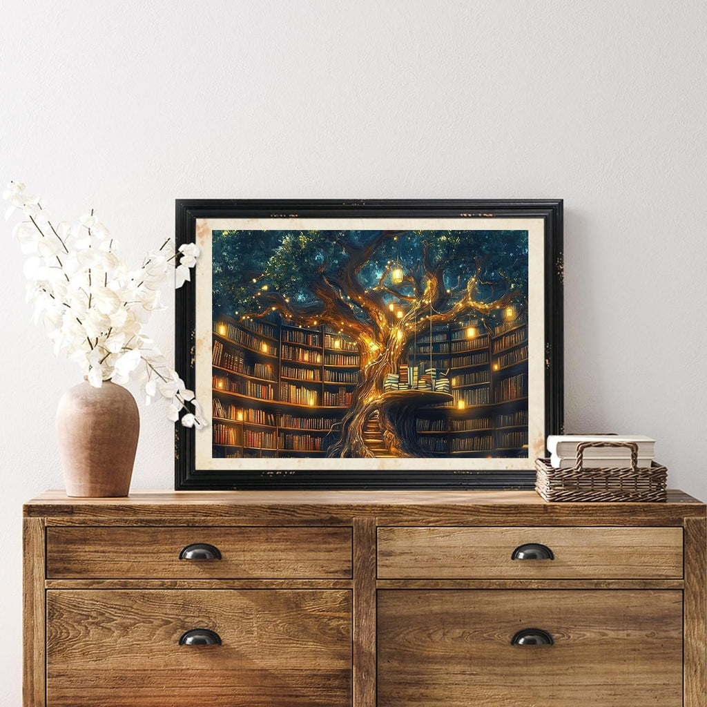 Framed paint by numbers kit artwork of a tree library with glowing lights