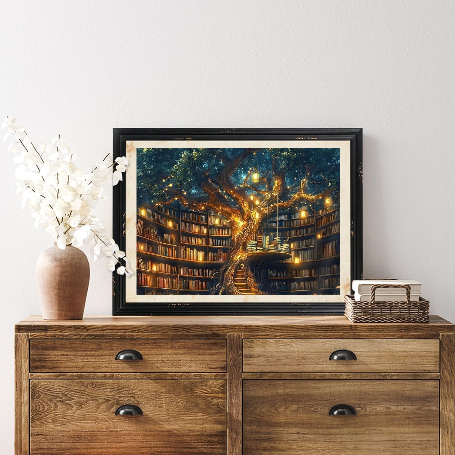 Framed paint by numbers kit artwork of a tree library with glowing lights