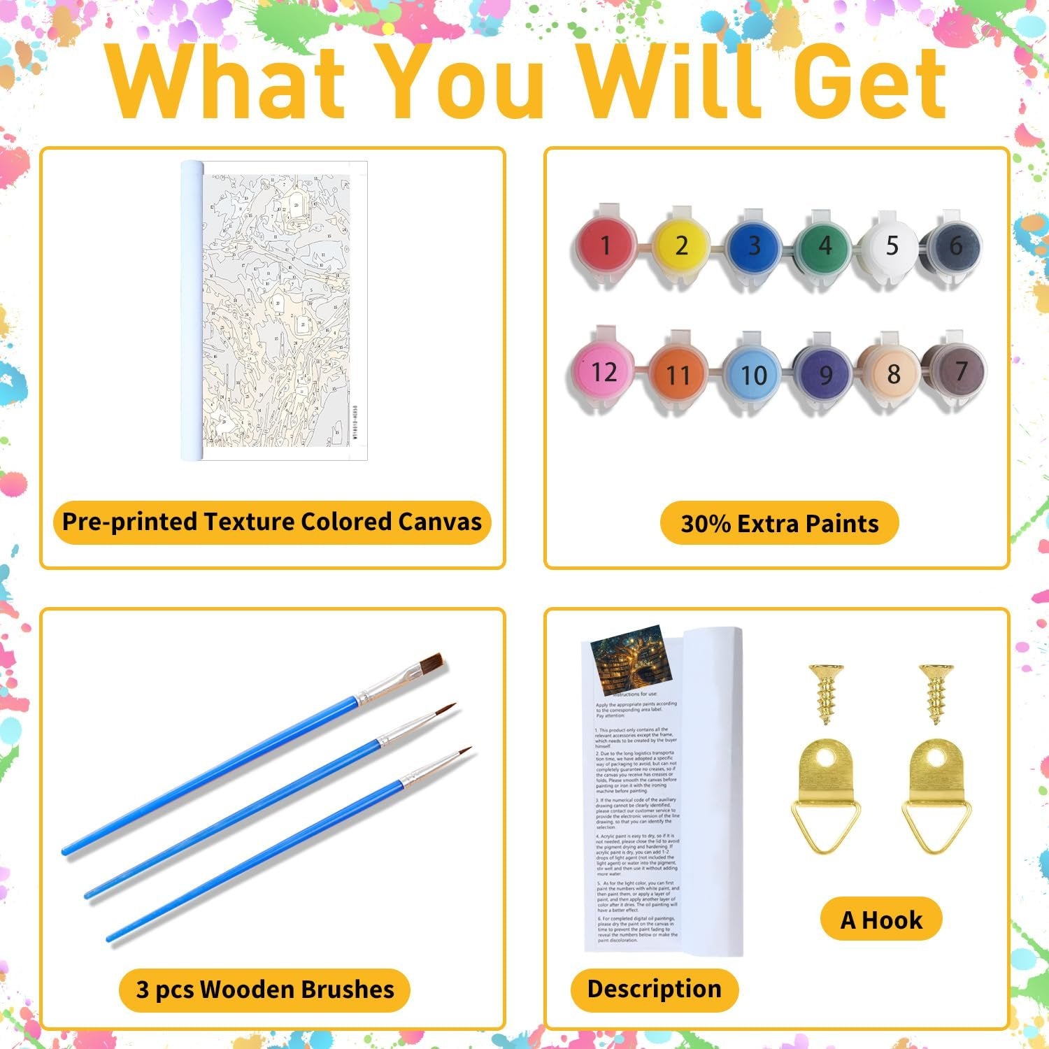 Paint by numbers kit contents: numbered paint pots, canvas with numbered sections, three brushes, and hanging hardware.
