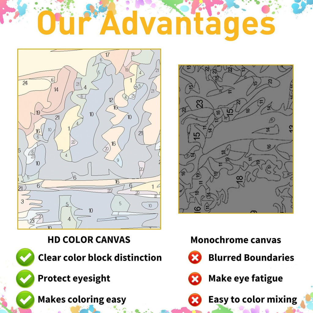 Paint by numbers canvas comparison: HD color canvas with clear sections vs. monochrome canvas with blurred lines.