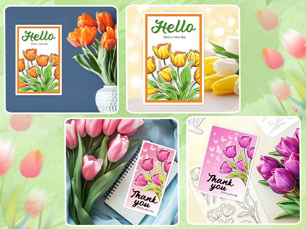 Collage of tulip-themed card making supplies including stamps, dies, and stencils with real tulips.