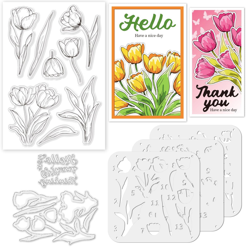 Tulip stamp, cutting dies, and stencils for card making, arranged with two example cards.