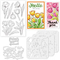 Tulip stamp, cutting dies, and stencils for card making, arranged with two example cards.