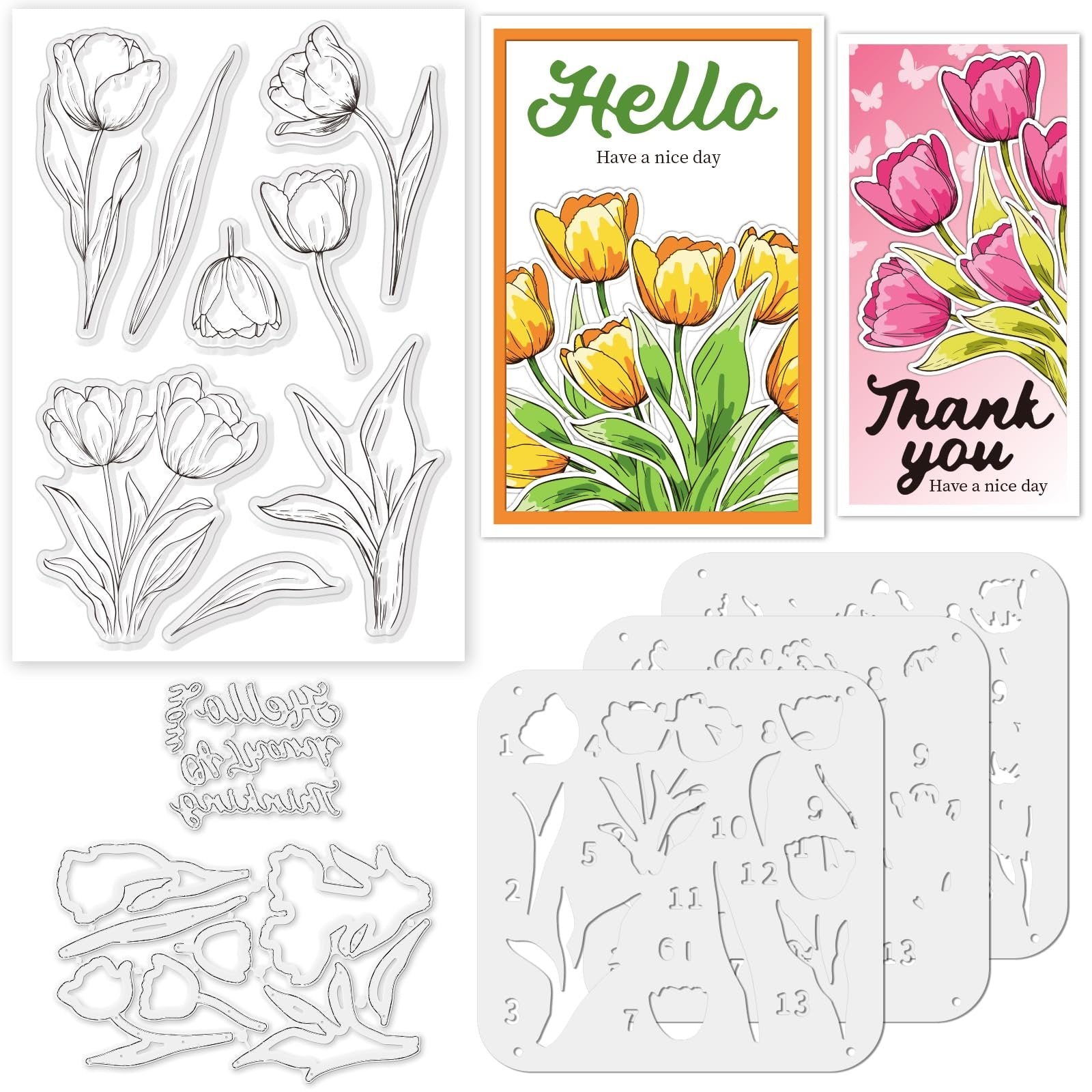 Tulip stamp, cutting dies, and stencils for card making, arranged with two example cards.