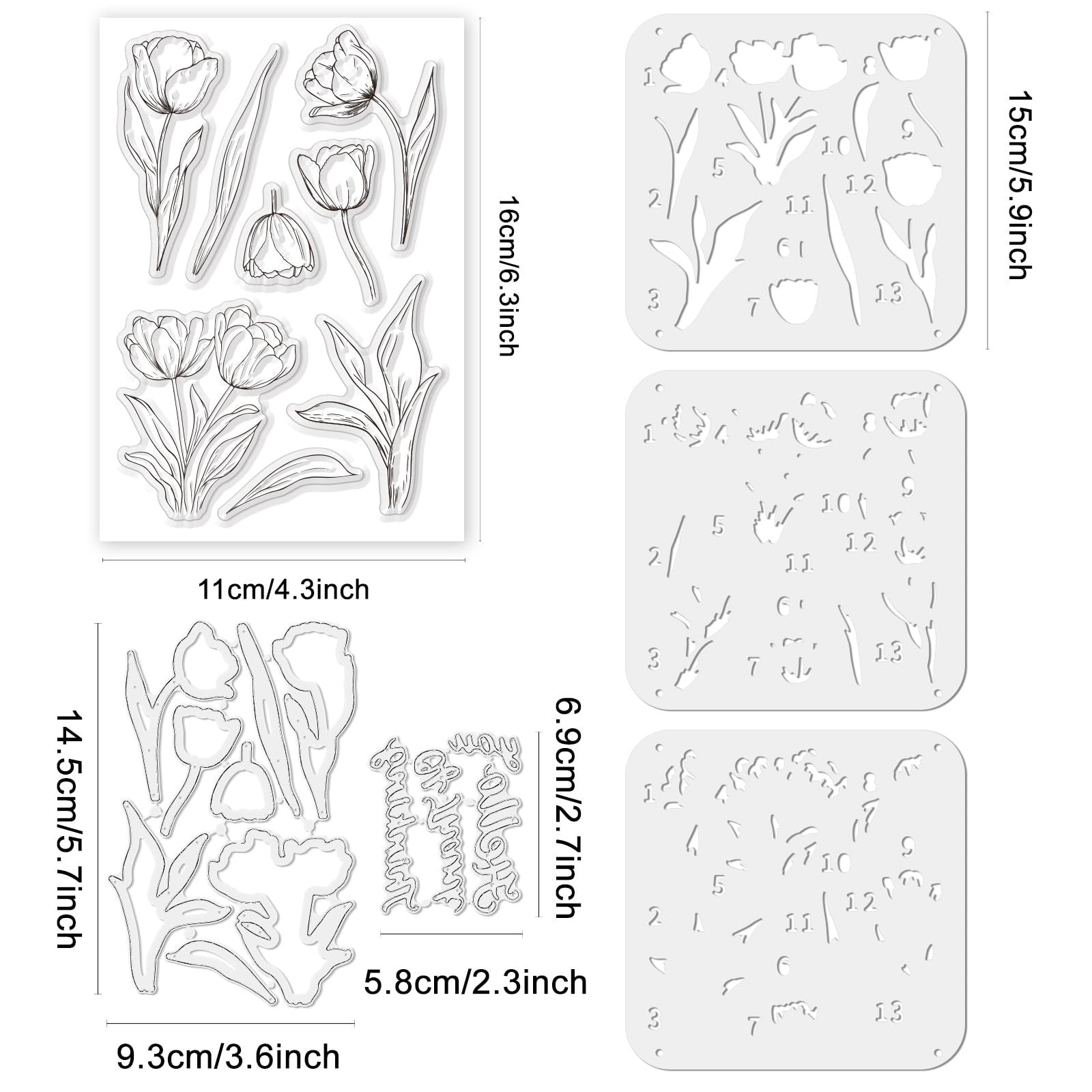 Tulip clear stamps, cutting dies, and PET coloring stencils for card making, shown with dimensions.
