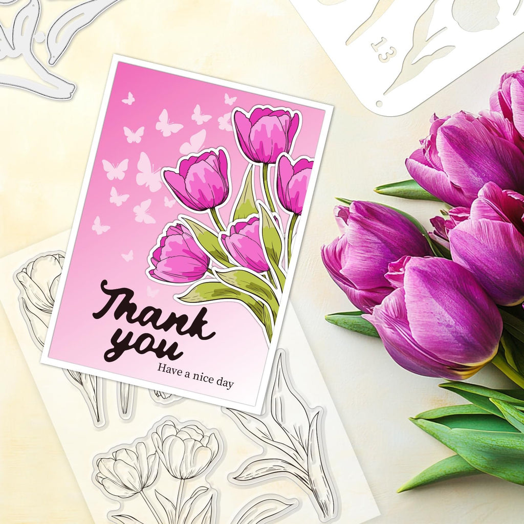 Tulip stamp, die, and stencil set with a thank you card and real tulips
