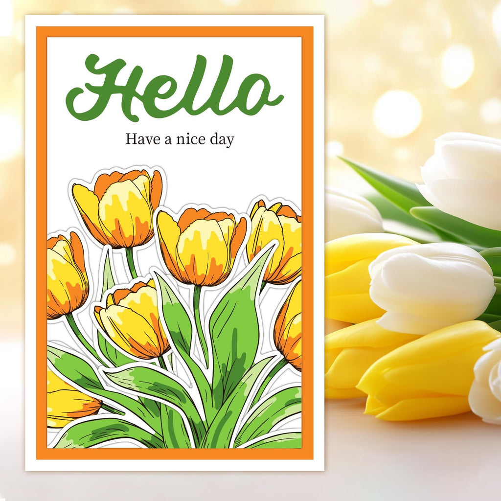 Illustration of yellow tulips with green leaves inside an orange border, with real tulips to the right.