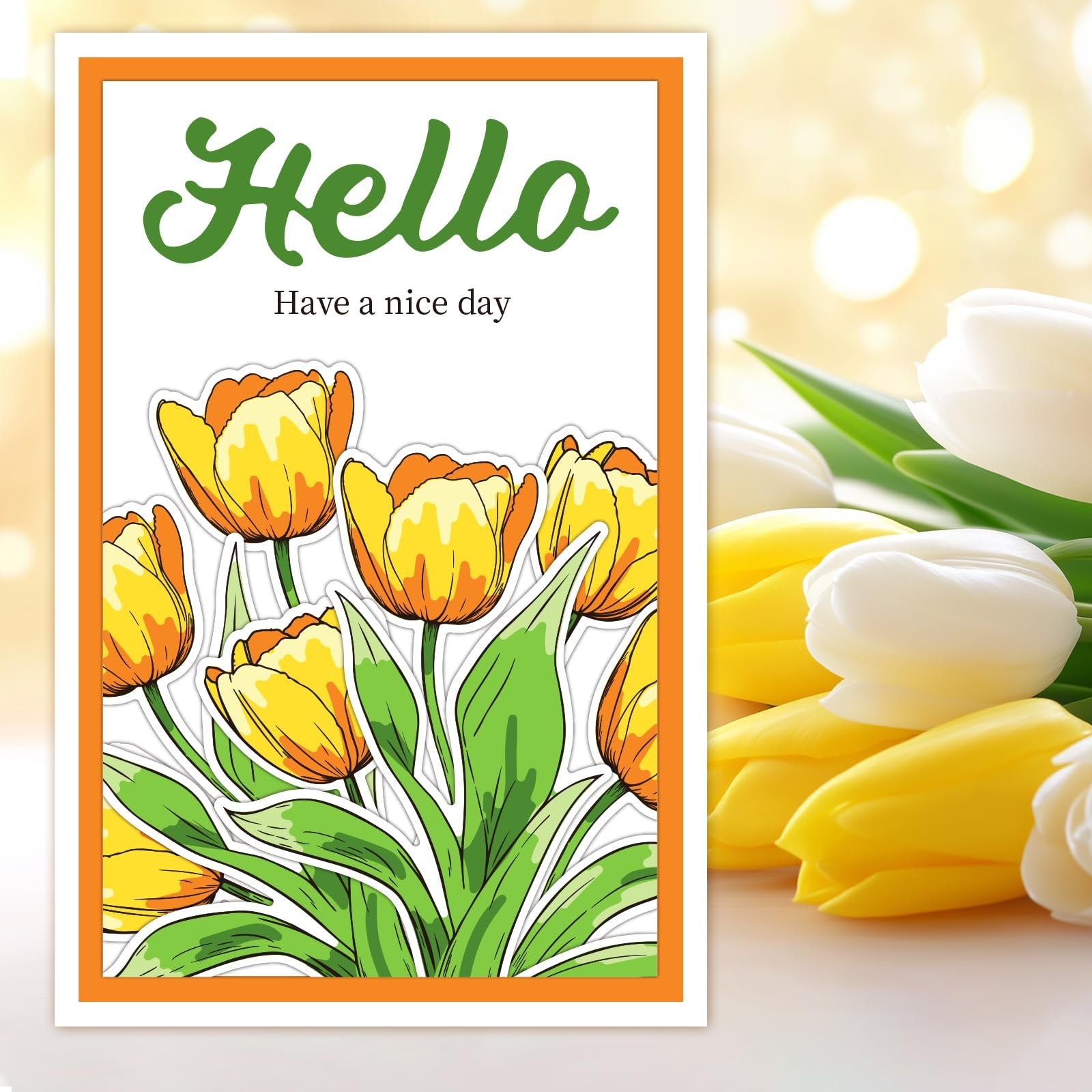 Illustration of yellow tulips with green leaves inside an orange border, with real tulips to the right.