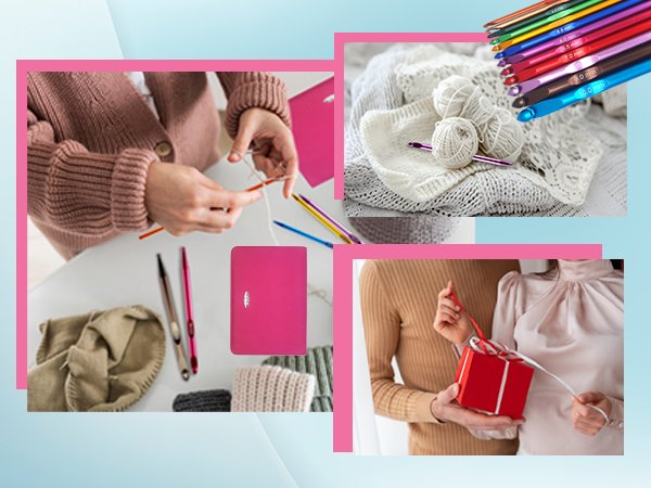 Collage of four images showing crochet activities and a gift, including hands crocheting, yarn and hooks on blankets, and a couple opening a gift.