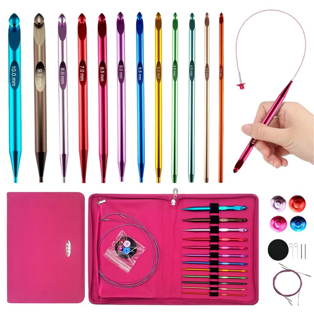 Tunisian crochet hooks set with cable, showing various sizes and colors of hooks, a pink case, and accessories.