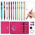 Tunisian crochet hooks set with cable, showing various sizes and colors of hooks, a pink case, and accessories.