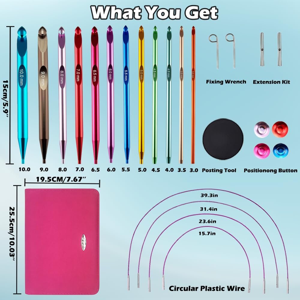 Tunisian crochet hooks set with accessories, showing various sizes of hooks, cords, tools, and a pink case.
