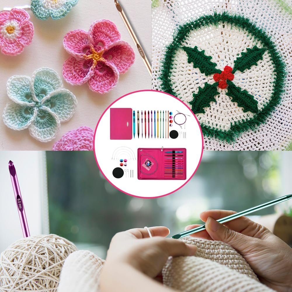Collage of crochet projects and tools, including flowers, a Christmas wreath, a crochet hook set, and hands crocheting.