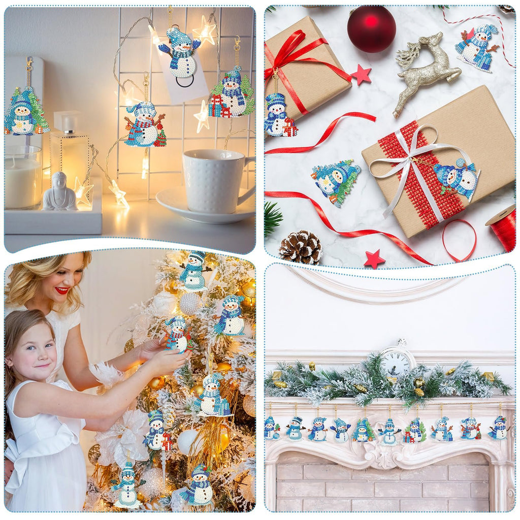 Collage of diamond art snowman keychain ornaments displayed in various festive settings, including on a Christmas tree and above a fireplace.