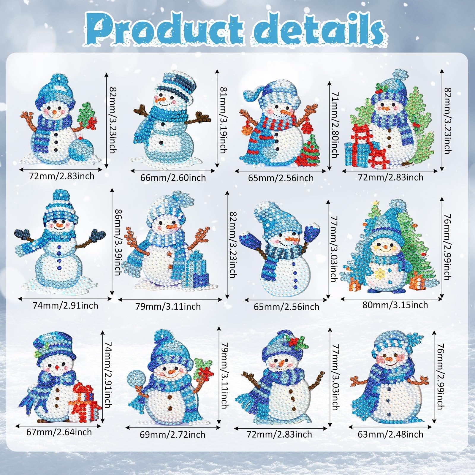 Diamond art snowman keychain ornaments with dimensions shown, presented as a product details chart.
