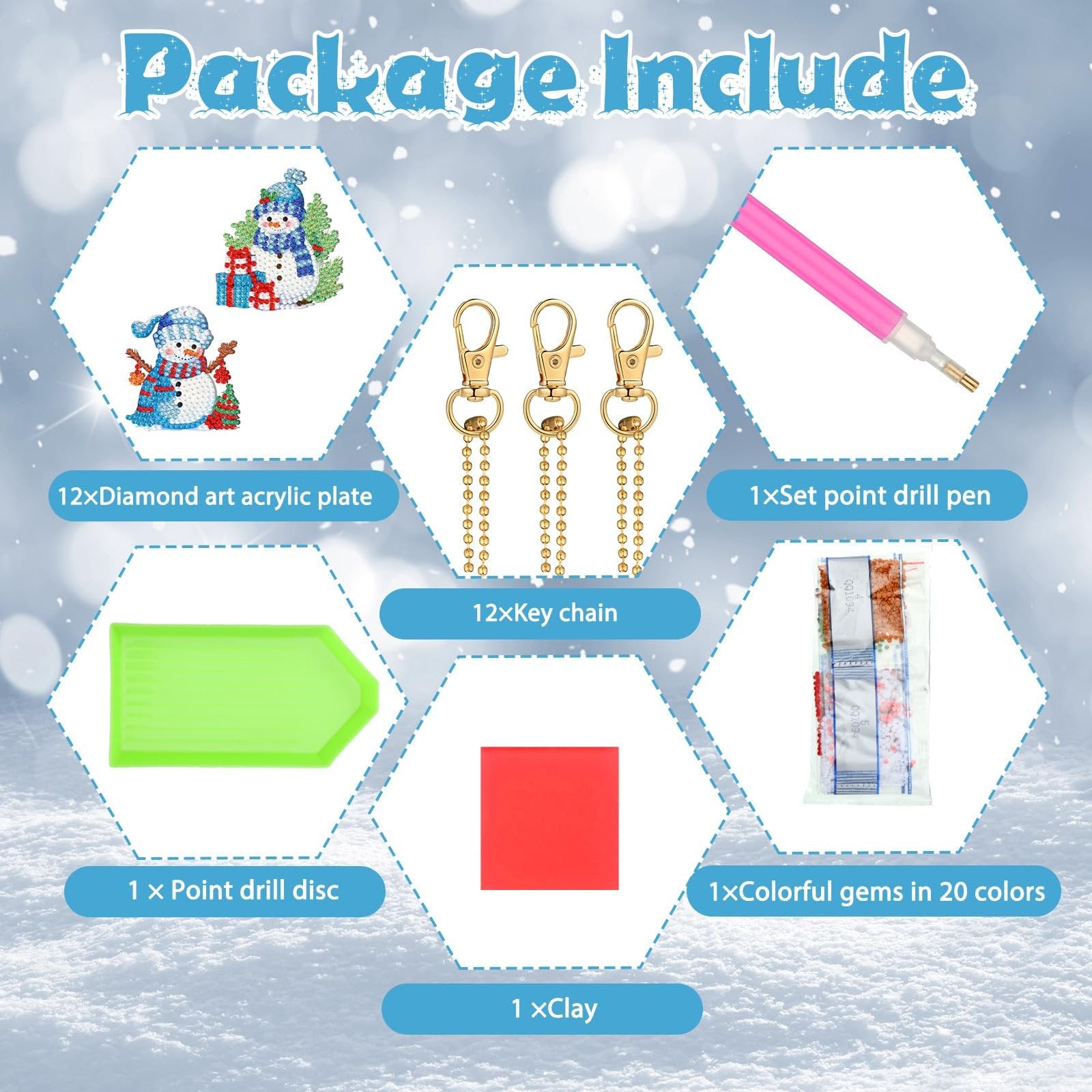 Diamond art keychain kit contents laid out with labels: acrylic plates with snowmen, keychains, drill pen, gems, tray, and clay.