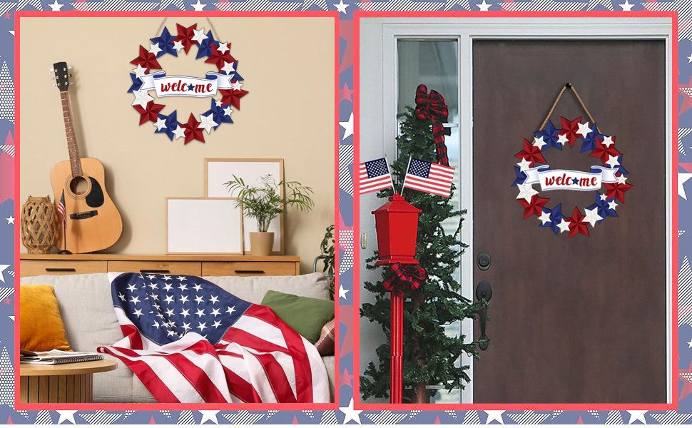 Patriotic door sign with red, white, and blue stars and a welcome banner, shown indoors and outdoors.