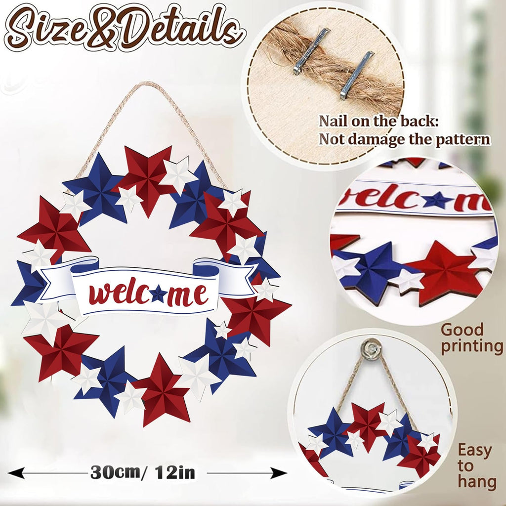 Patriotic door sign with red, white, and blue stars and a 'welcome' banner, shown with size and detail callouts.