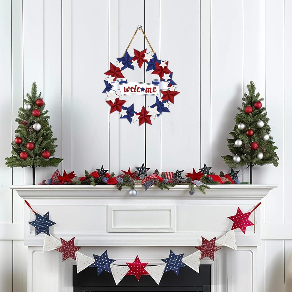 Patriotic door wreath with red, white, and blue stars and a welcome banner, displayed above a fireplace with decorated trees and garlands.