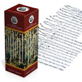 Set of 24 twisted clear glass icicle Christmas ornaments with silver cord hangers, shown with packaging.