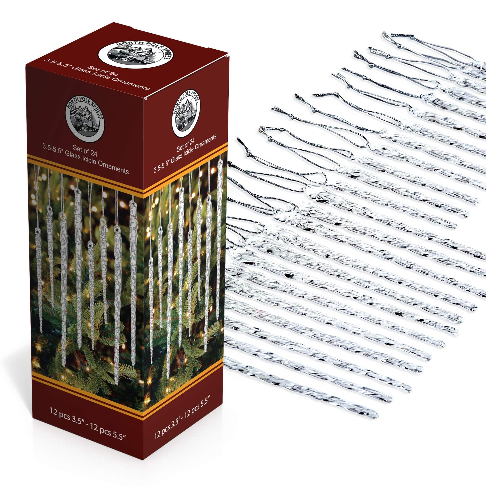 Set of 24 twisted clear glass icicle Christmas ornaments with silver cord hangers, shown with packaging.