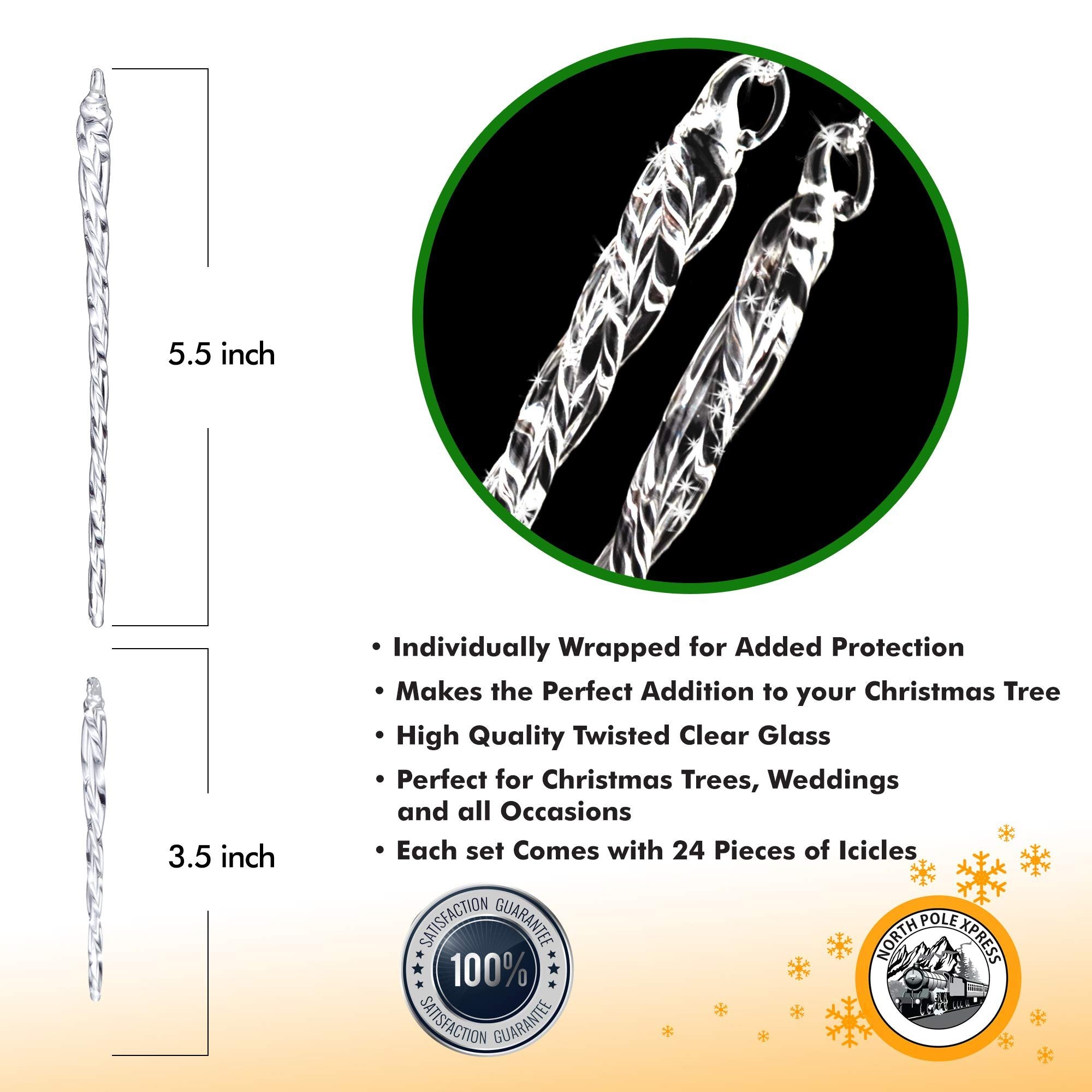 Two clear twisted glass icicle Christmas ornaments shown with size indicators and product features.