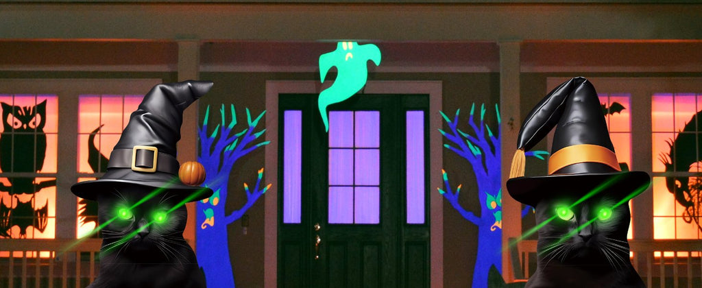 Two black cats wearing witch hats with glowing green eyes and laser beams, decorated for Halloween on a porch with spooky cutouts.