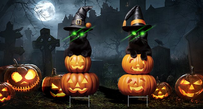 Two black cat Halloween yard signs stacked on pumpkins, with green laser eyes, set in a spooky graveyard at night.
