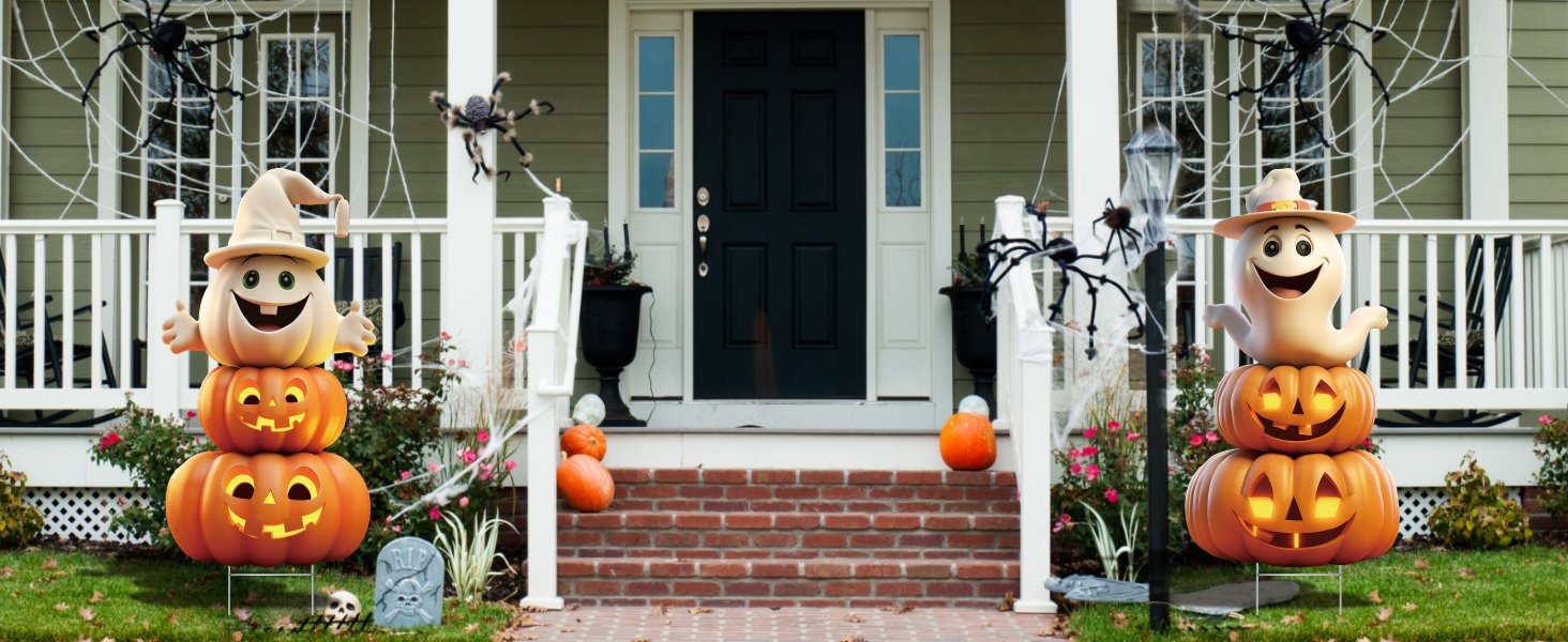 Two stacked pumpkin Halloween yard signs with ghost toppers on a decorated porch, one on each side of the steps.