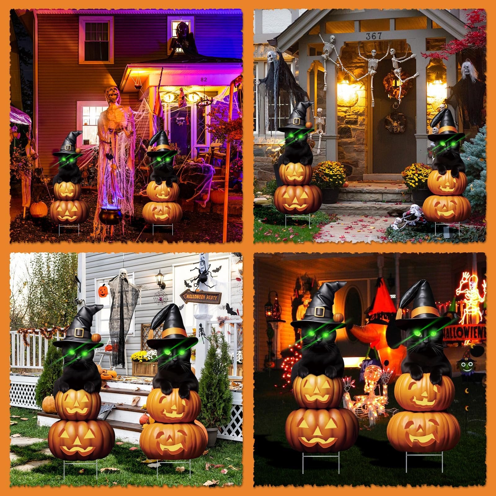 Four Halloween yard decorations featuring black cats on stacked pumpkins with witch hats and glowing green eyes, displayed in front of houses.