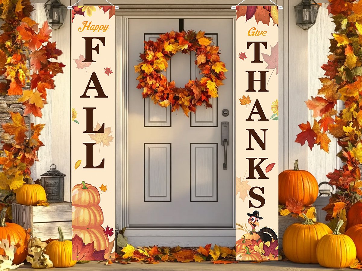 Two fall porch banners, one reading 'Happy FALL' and the other 'Give THANKS', decorated with pumpkins, turkeys, and autumn leaves.