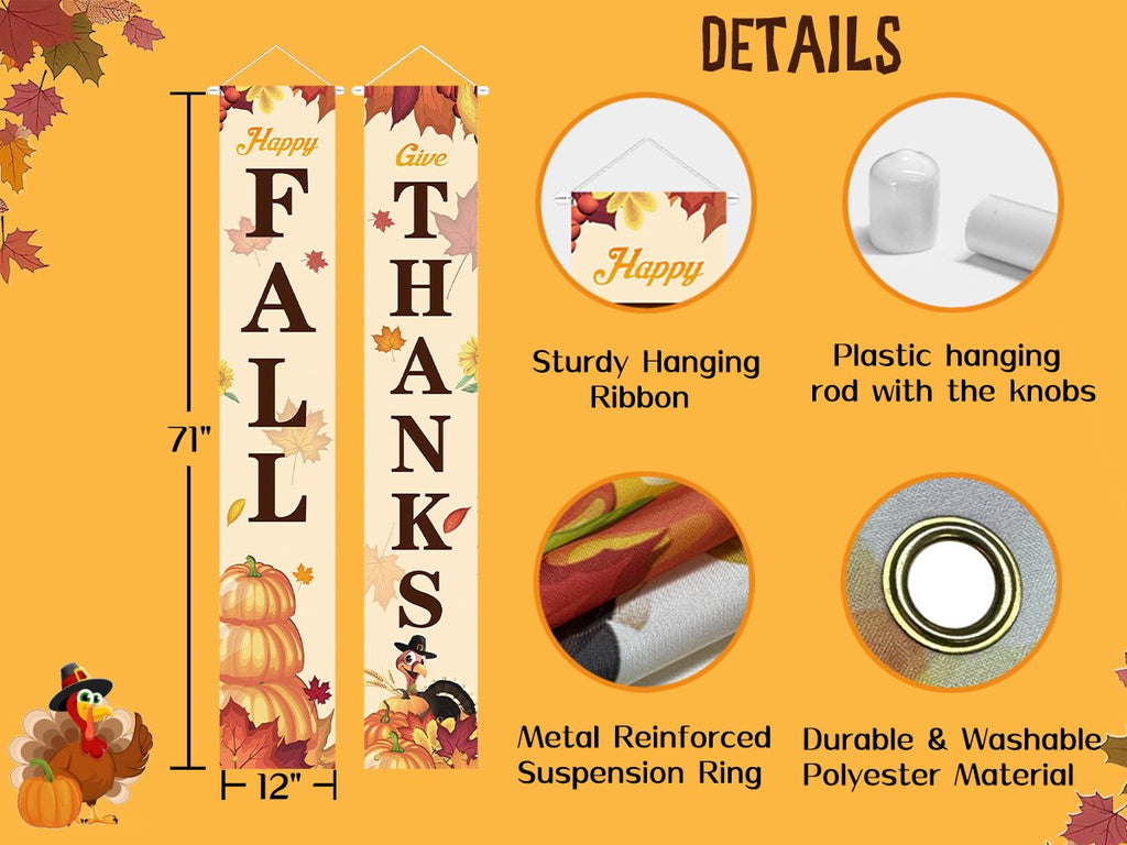 Two fall porch banners, one reading 'FALL' and the other 'THANKS', with pumpkins and turkeys. Includes product details and dimensions.