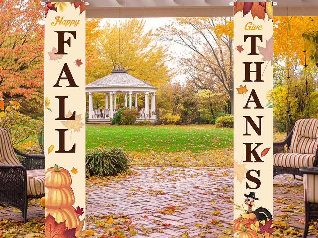 Two fall porch banners, one reads 'Happy FALL' and the other 'GIVE THANKS', displayed outdoors with autumn foliage and furniture.