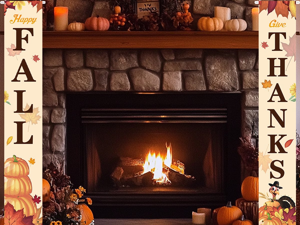 Two fall porch banners, one reading 'Happy FALL' and the other 'Give THANKS', displayed on either side of a fireplace with a fire burning.