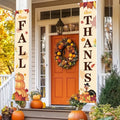 Two fall porch banners, one reads 'Happy FALL' with pumpkins, the other reads 'Give THANKS' with a turkey and pumpkins.