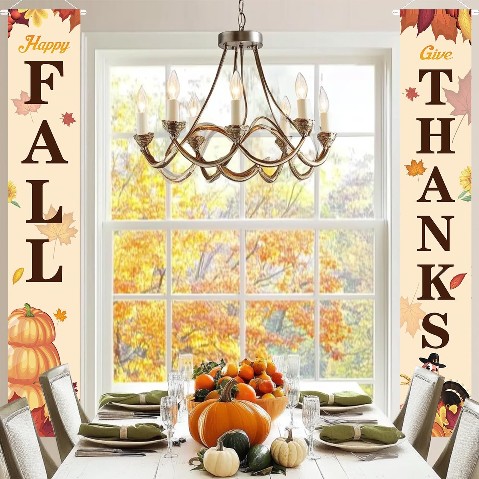 Two fall porch banners reading 'Happy FALL' and 'Give THANKS' hang on either side of a dining table set for a meal.
